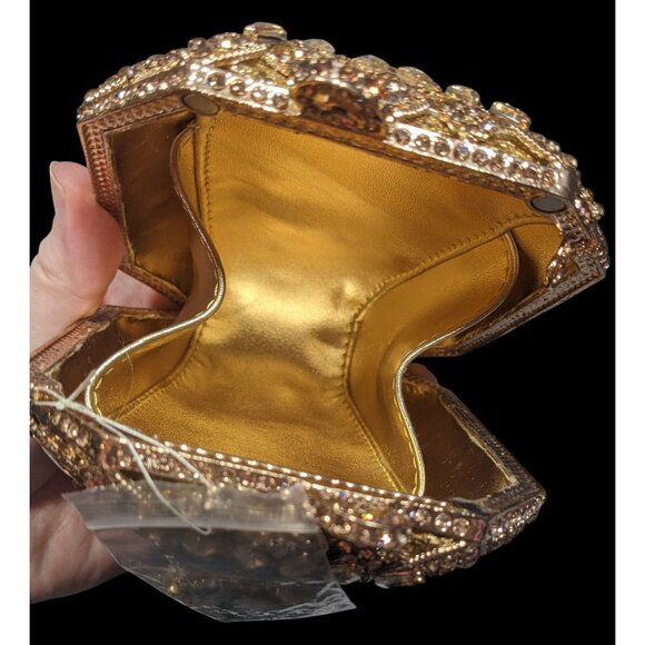 Luxury Rhinestone Encrusted Evening Bag Gold Tone With Removable Chain Strap - Picture 2 of 16